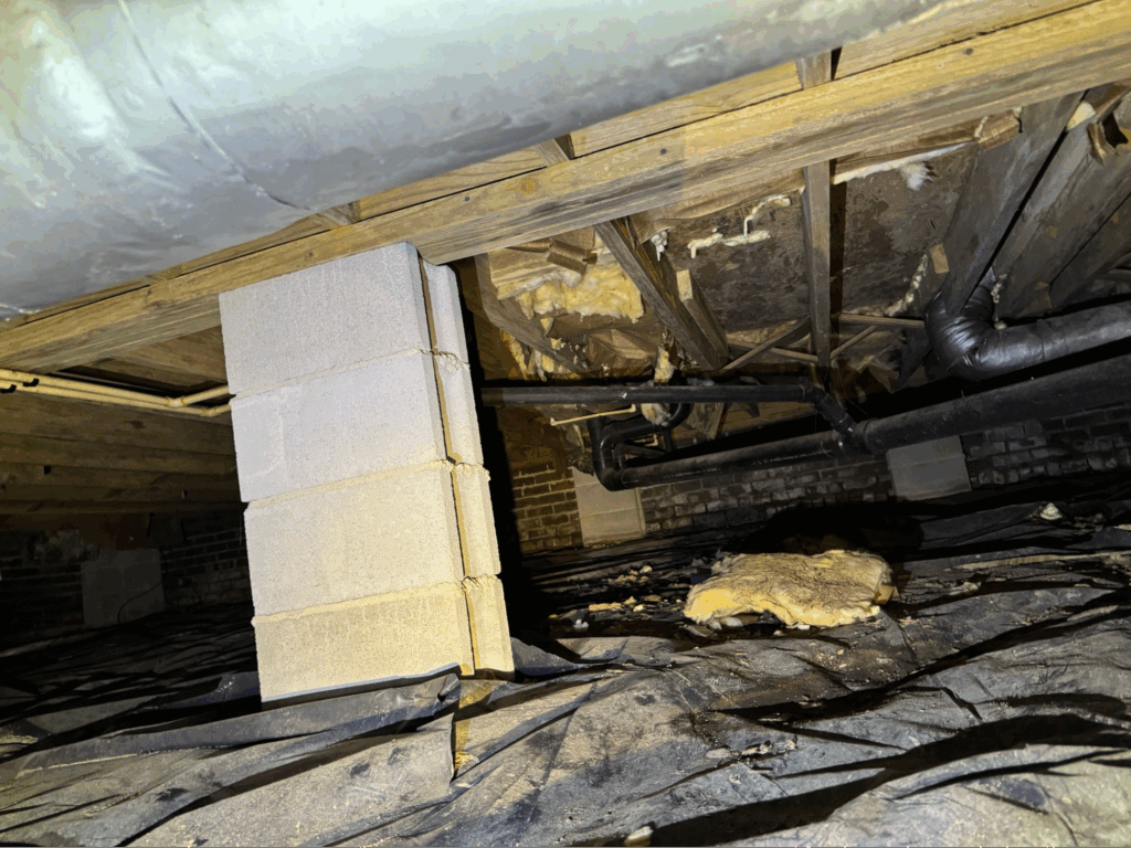 Damaged insulation and exposed floor joists in crawl space needing restoration services
