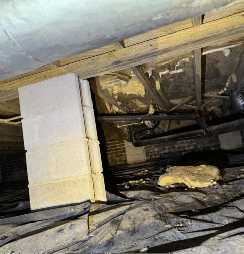 Damaged insulation and exposed floor joists in crawl space needing restoration services